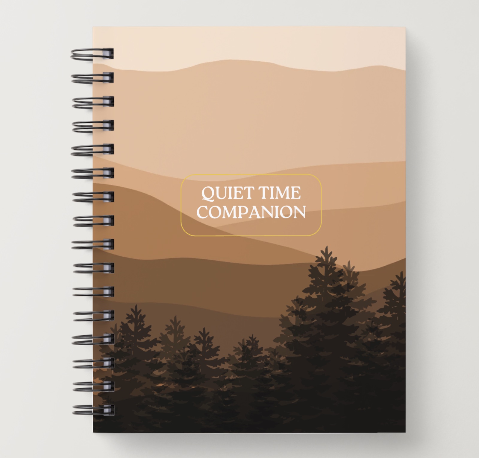 Quiet Time Companion journal mock-up with the warm layered Mountain Stillness cover
